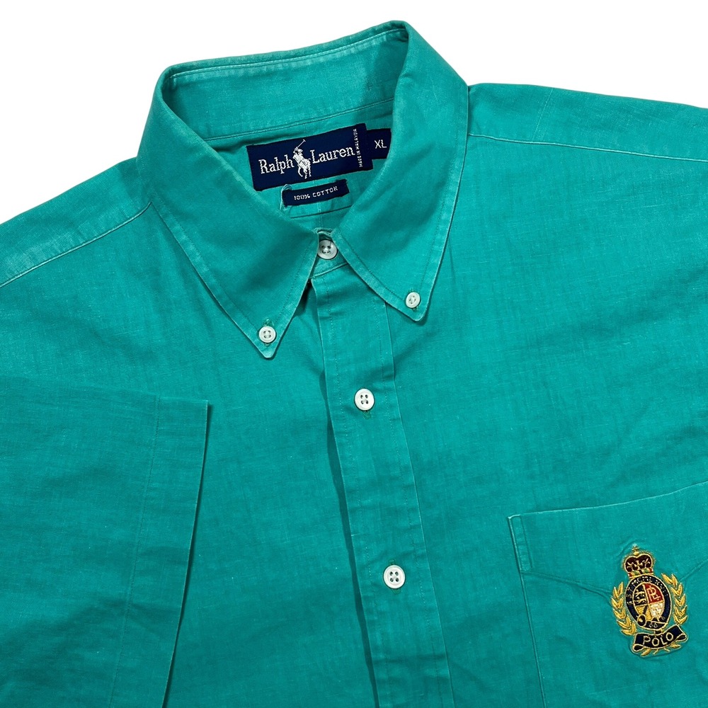 Ralph Lauren Button Down Shirt Mens XL Teal Crest Logo Vintage Short Sleeve